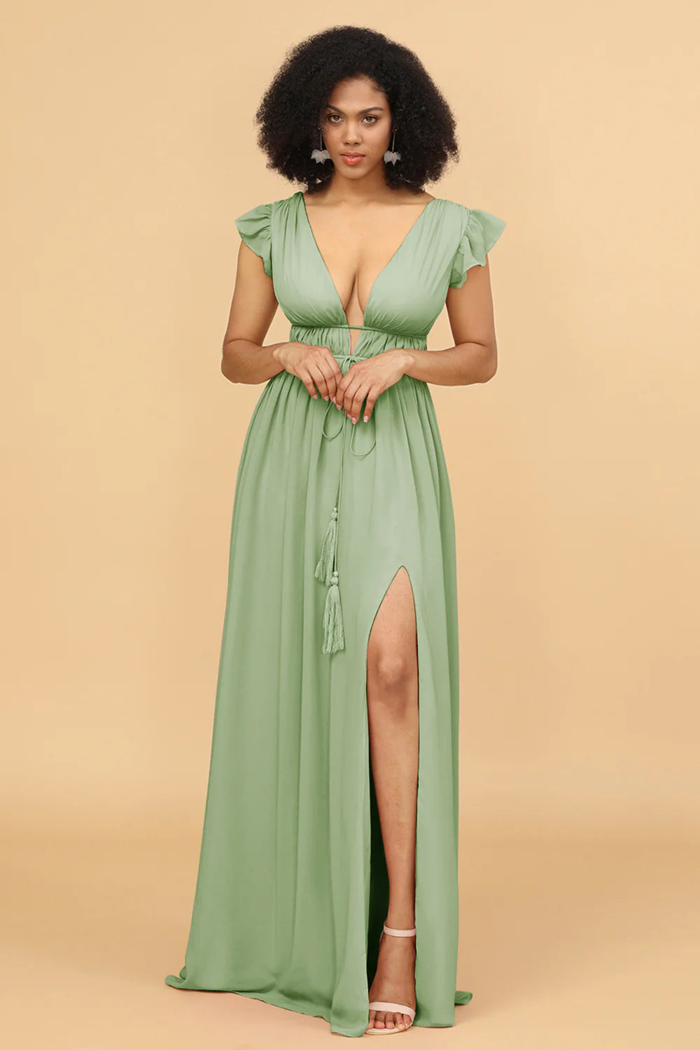 A Line Deep V Neck Long Chiffon Bridesmaid Dress with Slit