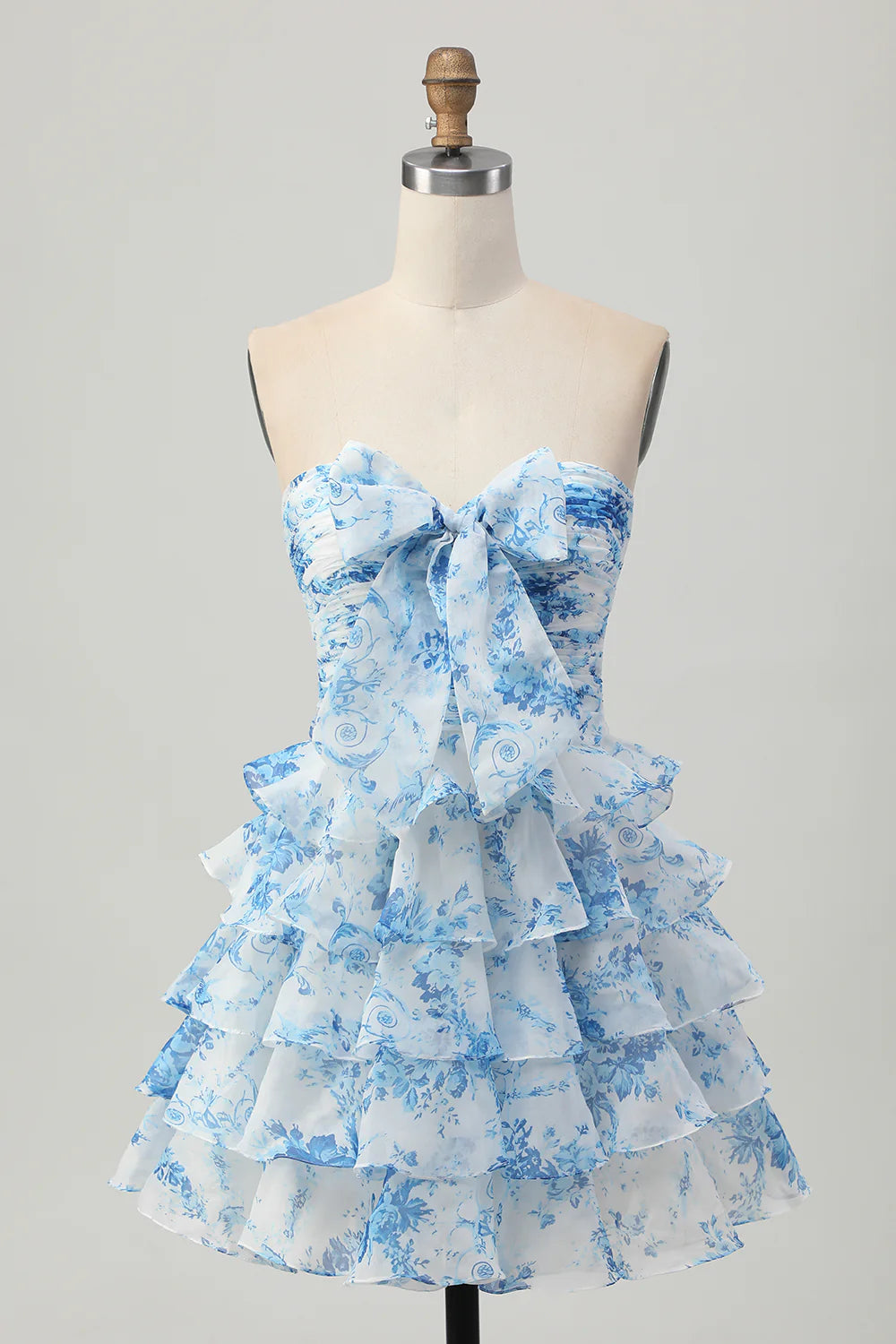Strapless White Blue Flower A line Tiered Short Homecoming Dress with Bow