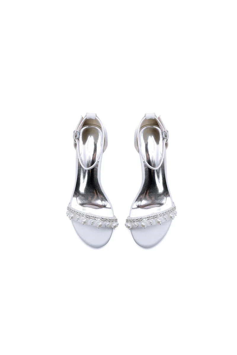 Open Toe Pearl Buckle Strap Chunky Heels