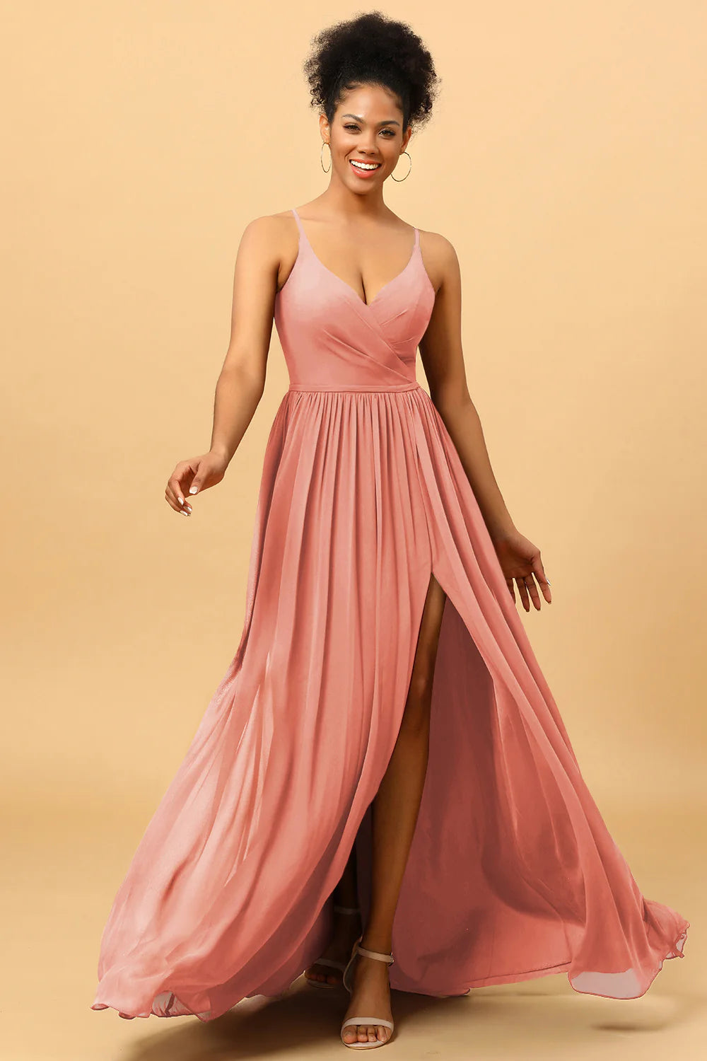 A Line Spaghetti Straps Ruched Long Chiffon Bridesmaid Dress with Slit