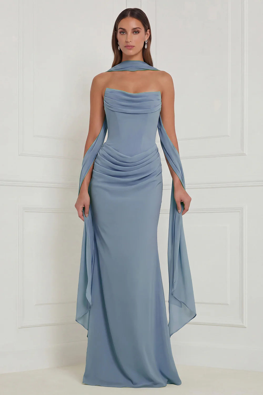 Strapless Ruched Sage Bridesmaid Dress with Scarf