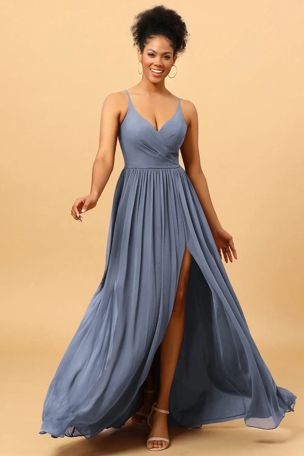 A Line Spaghetti Straps Ruched Long Chiffon Bridesmaid Dress with Slit