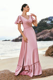 Blush Pink A Line V Neck Ruffle Sleeves Long Satin Bridesmaid Dress