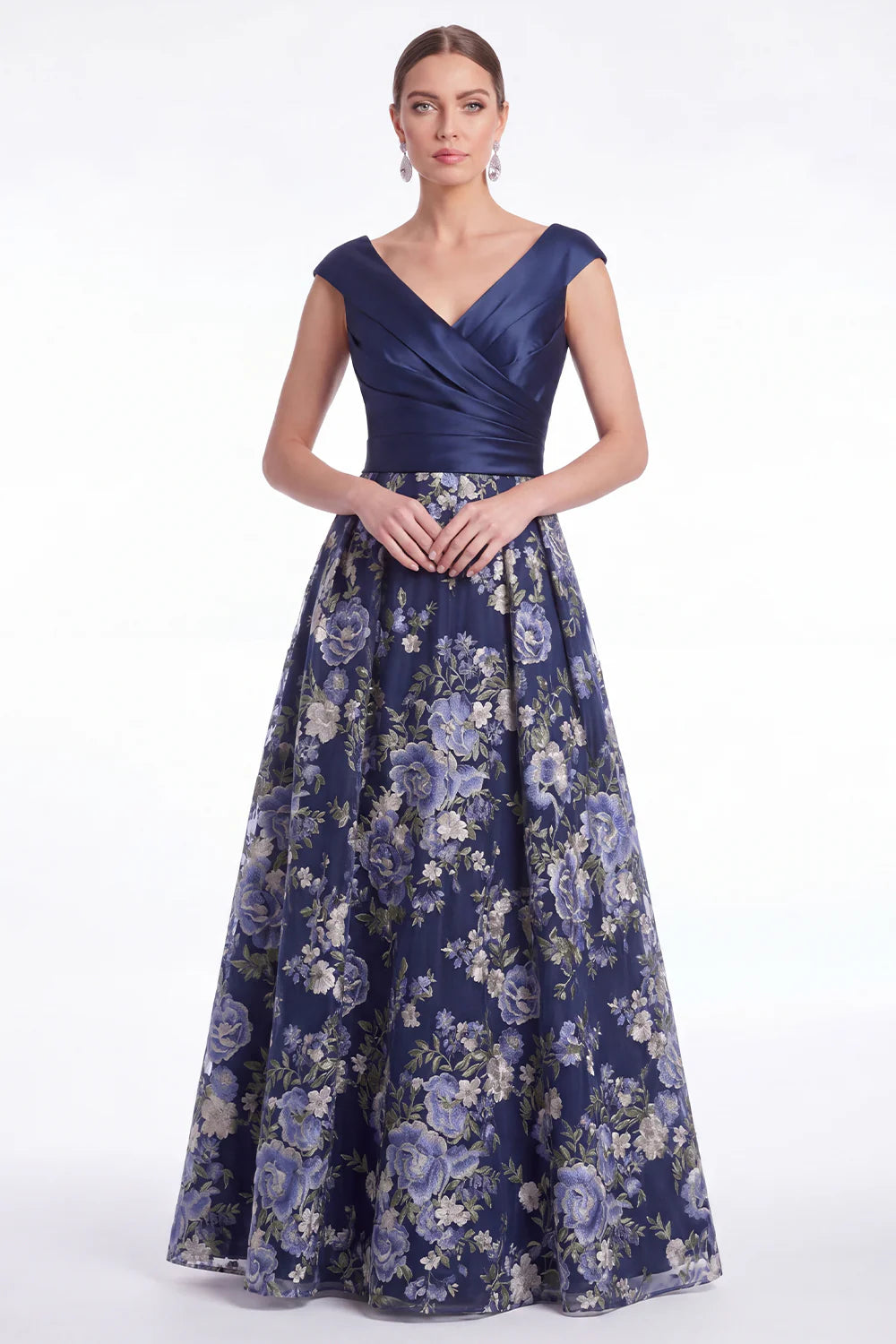 Dark Navy A Line Floral Jacquard Mother of the Bride Dress with Cap Sleeves