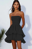 Black Strapless A Line Pleated Homecoming Dress with Ruffles