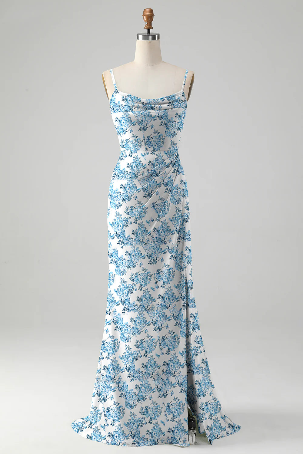 White Blue Flower A Line Cowl Neck Printed Long Bridesmaid Dress With Slit