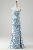 White Blue Flower A Line Cowl Neck Printed Long Bridesmaid Dress With Slit