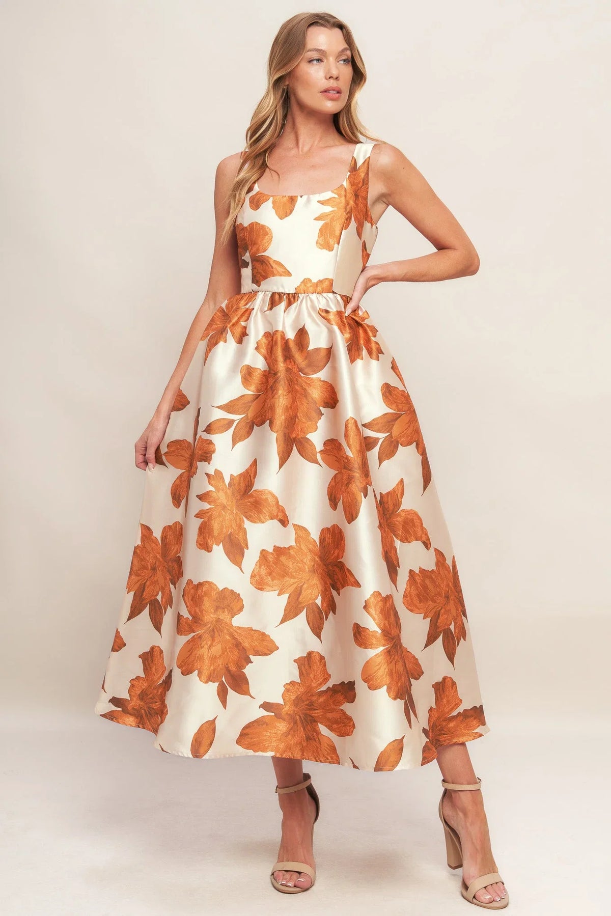 FALL FLORAL SATIN MIDI DRESS RUST
