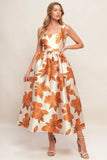 FALL FLORAL SATIN MIDI DRESS RUST