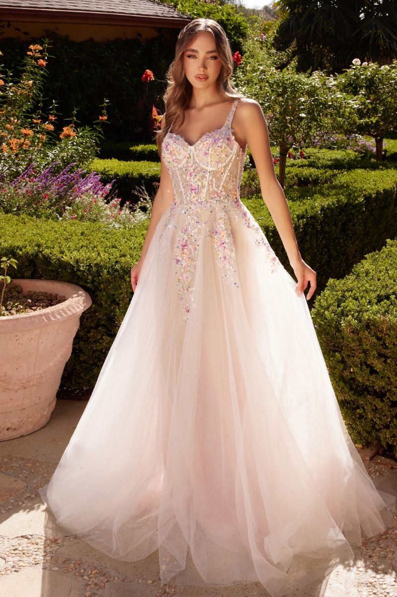 A1288 A LINE DRESS WITH MULTI COLORED FLORAL EMBELLISHMENT ANDREA LEO