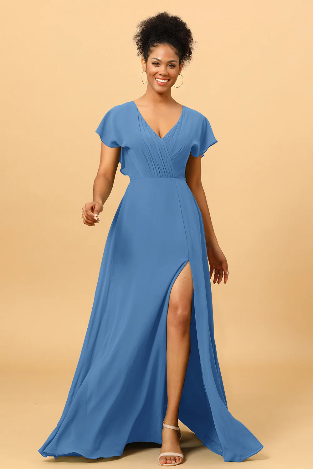 A Line V Neck Ruched Chiffon Bridesmaid Dress with Slit
