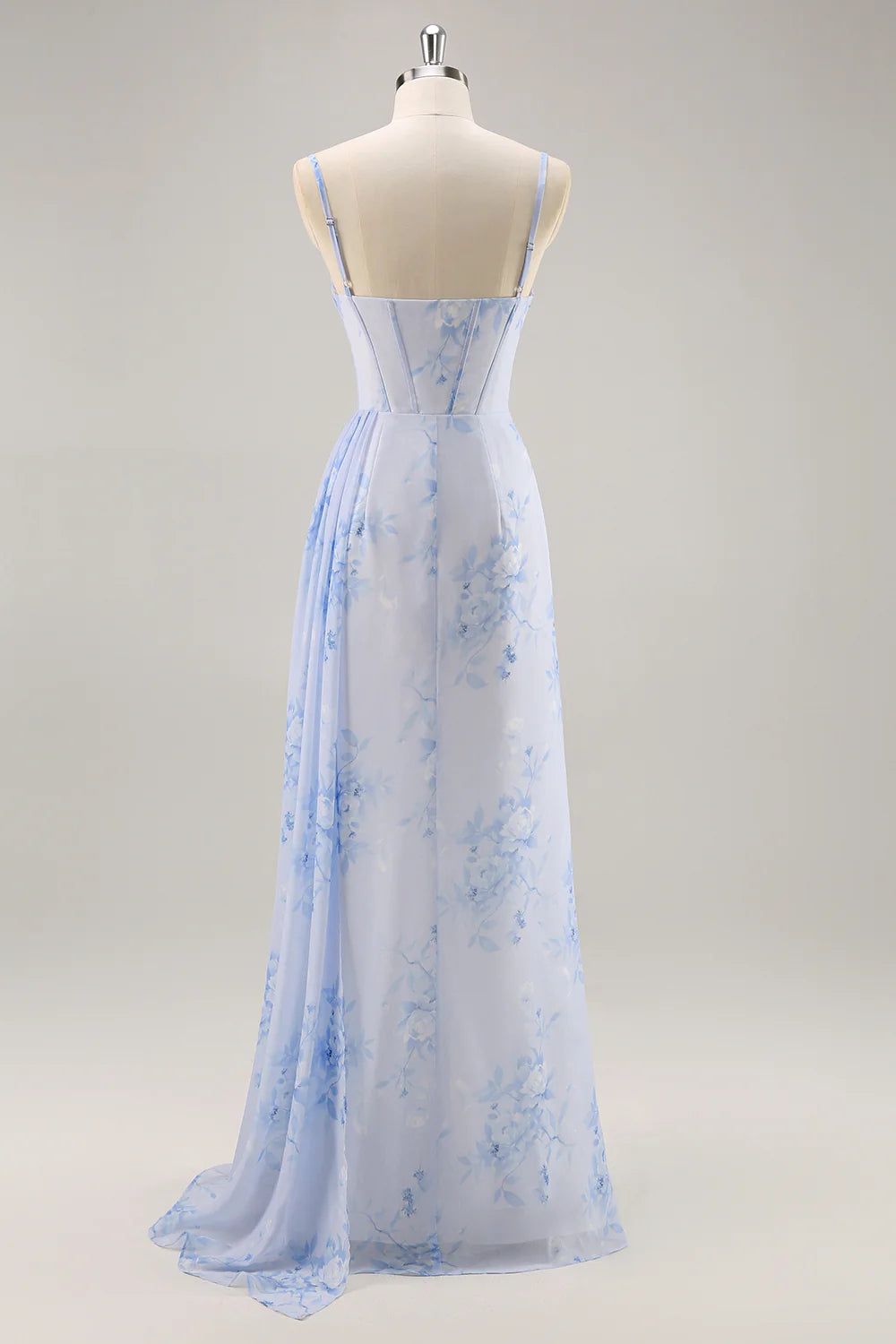 Blue Floral Mermaid Spaghetti Straps Corset Long Bridesmaid Dress with Streamer