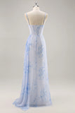 Blue Floral Mermaid Spaghetti Straps Corset Long Bridesmaid Dress with Streamer
