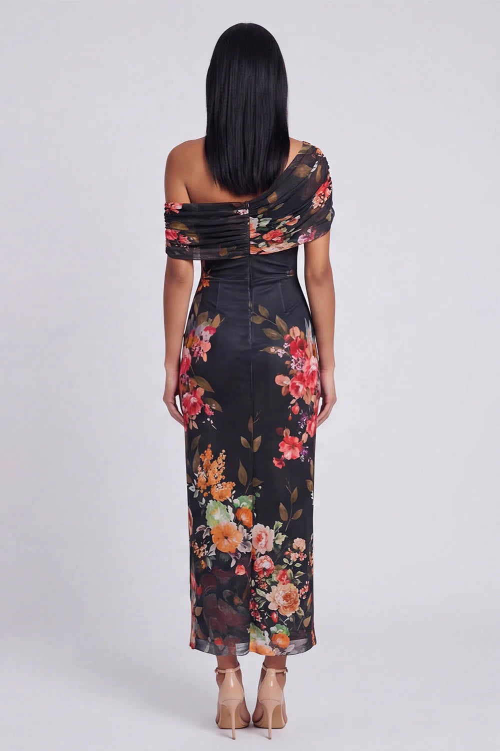 One Shoulder Sheath Ivory Floral Wedding Guest Dress