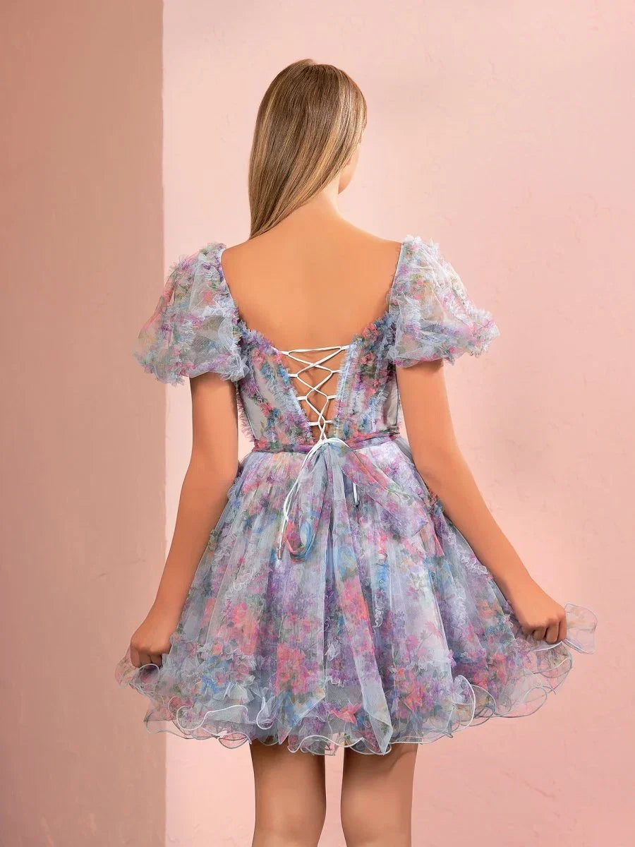 Ivana A Line Off the Shoulder Printed Tulle Short Homecoming Dress
