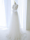 A Line V Neck White Tulle Long Wedding Dress with Bow