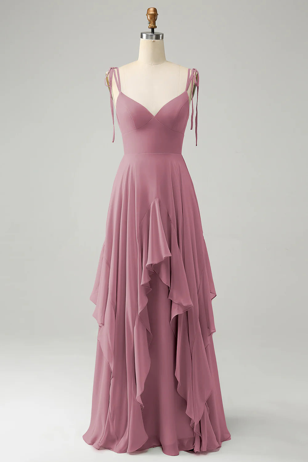 A Line Spaghetti Straps Chiffon Long Eucalyptus Bridesmaid Dress with Ruffles