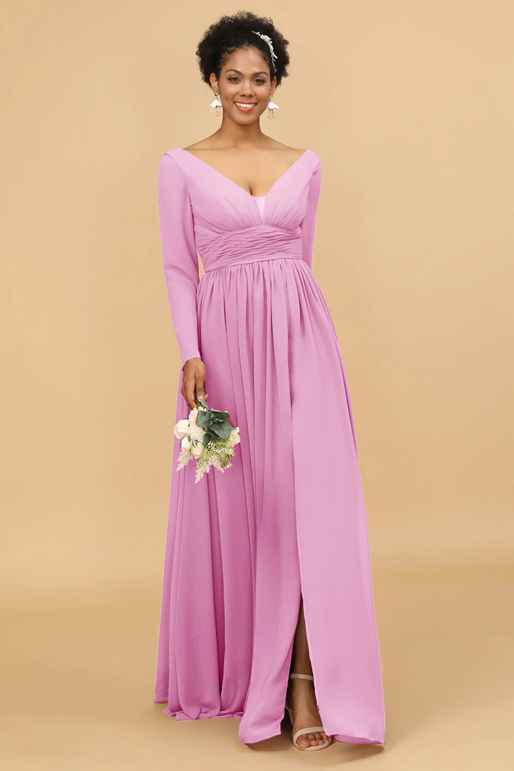 A Line V Neck Long Sleeves Chiffon Bridesmaid Dress with Slit