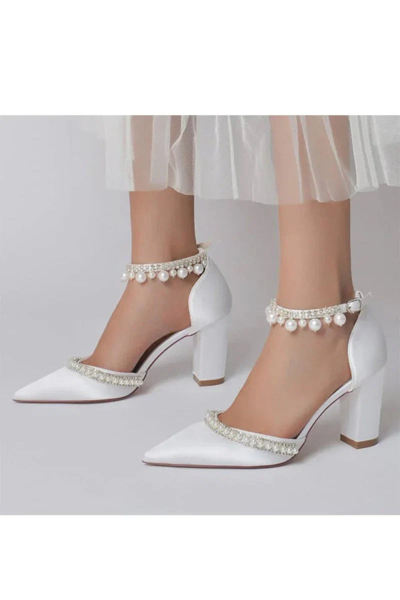 Womens Wedding Shoes Satin Block Heel Pearl Rhinestone Tassel Wedding Shoes