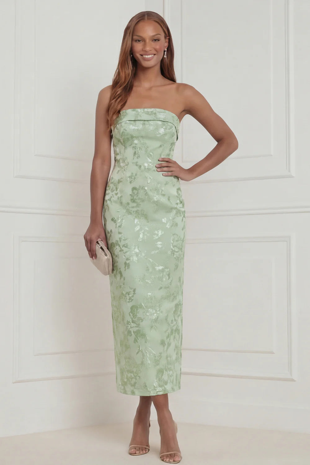 Sky Blue Sheath Strapless Jacquard Midi Wedding Guest Dress