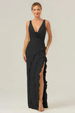 Burgundy Sheath V Neck Floral Open Back Bridesmaid Dress with Ruffle Slit