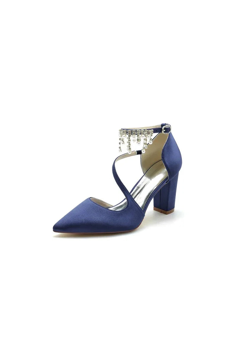 White Satin Pump with Pearl Embedded Chain Heel