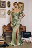 HARPER SATIN GOWN OFF THE SHOULDER PLEATED DRESS