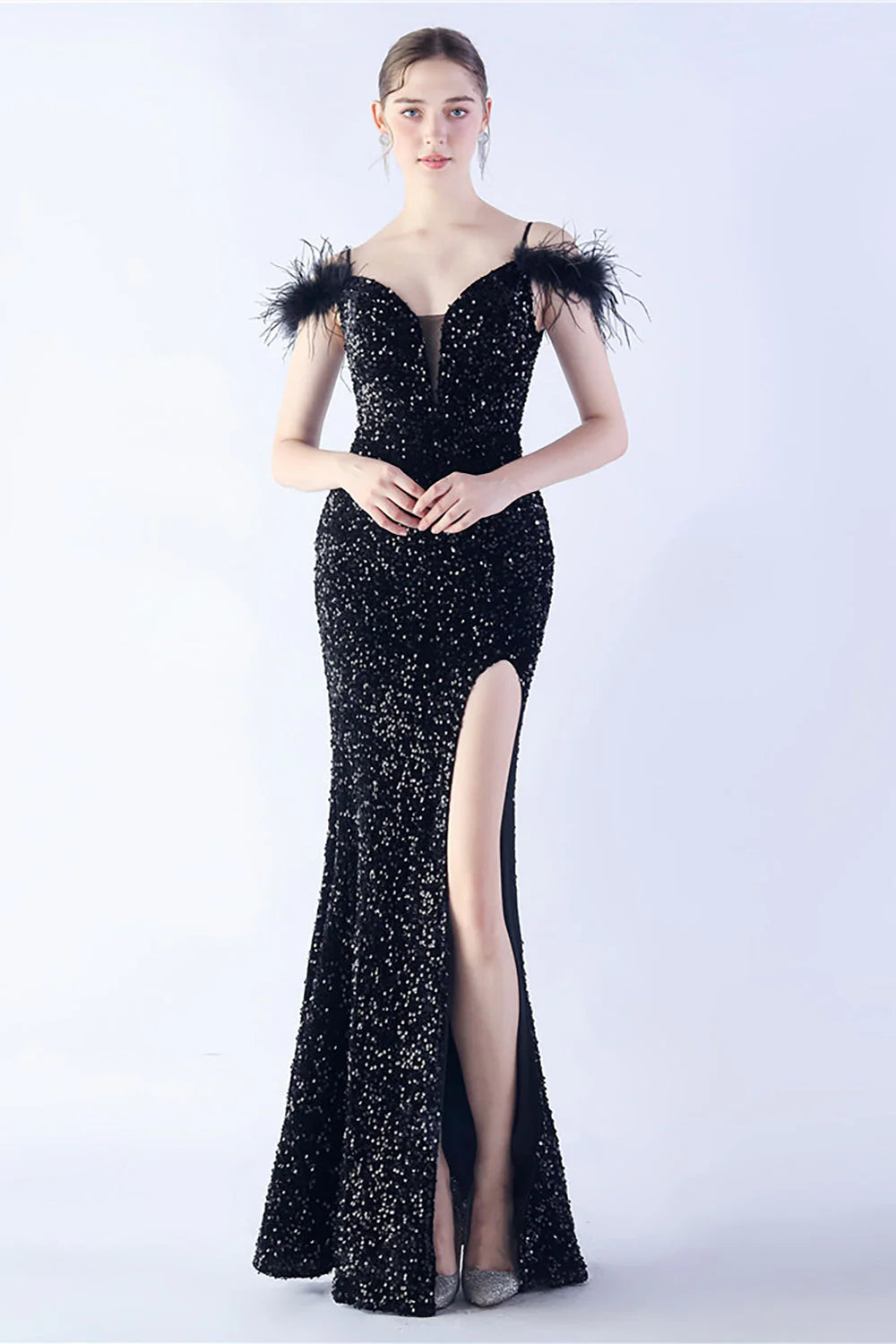 Mermaid Spaghetti Straps Sequin Formal Dress With Feathers