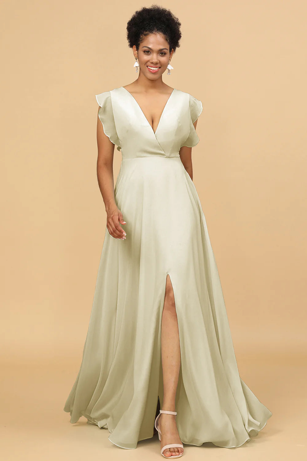 A Line V Neck Floor Length Chiffon Bridesmaid Dress with Slit
