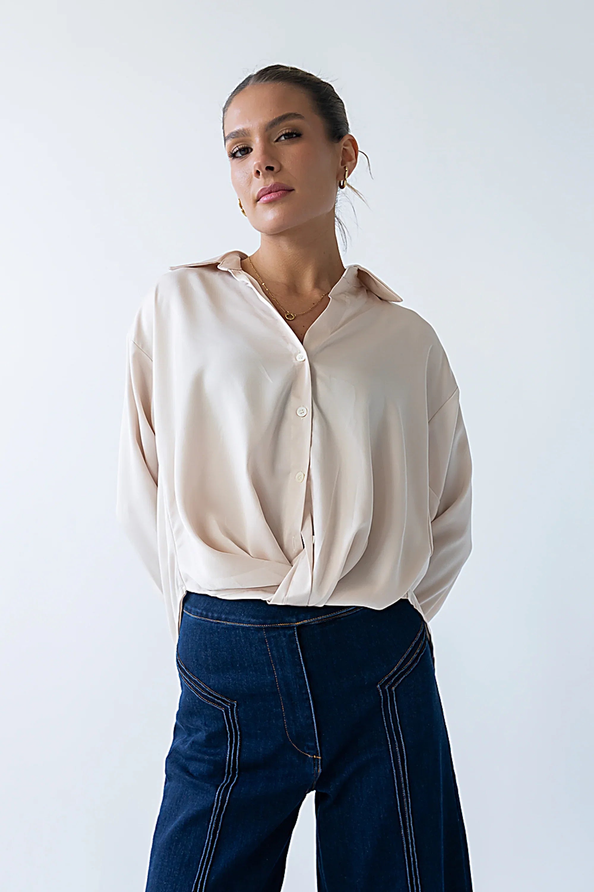 Margaret Twist Button Up in Champagne