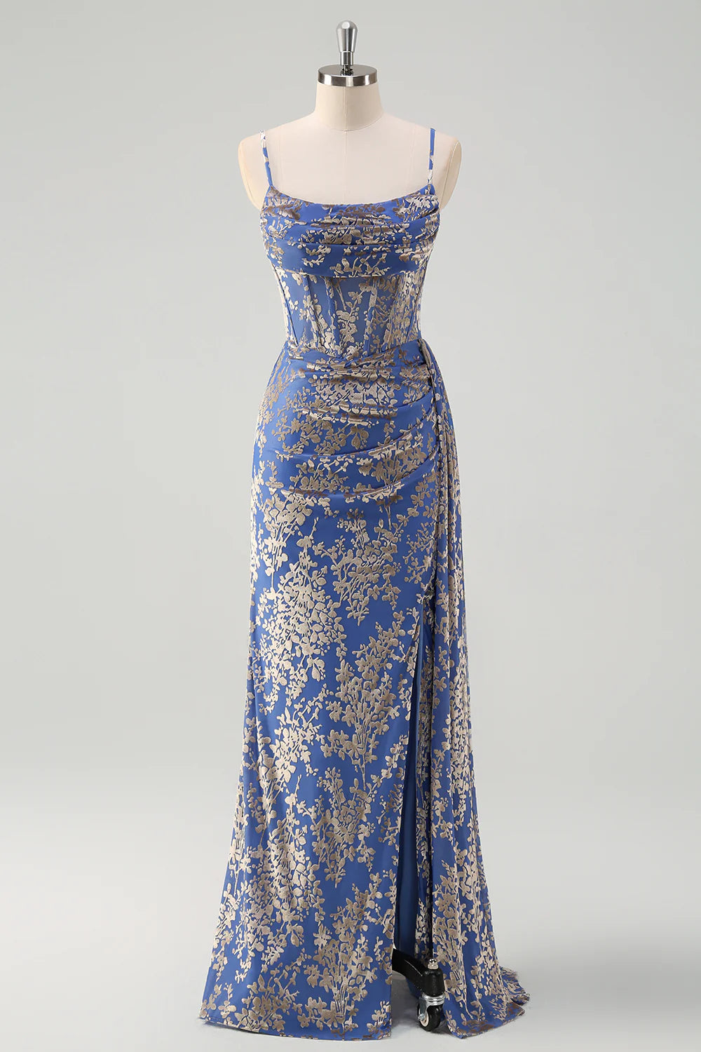 Mermaid Corset Burnout Velvet Blue Bridesmaid Dress with Watteau Train