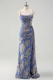 Mermaid Corset Burnout Velvet Blue Bridesmaid Dress with Watteau Train