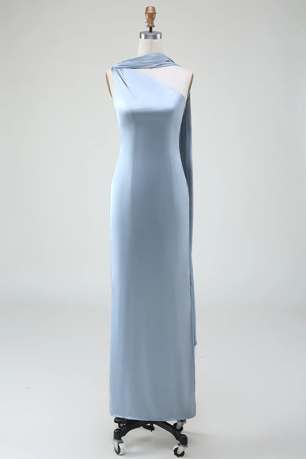 Sheath One Shoulder Convertible Long Satin Dusty Blue Bridesmaid Dress
