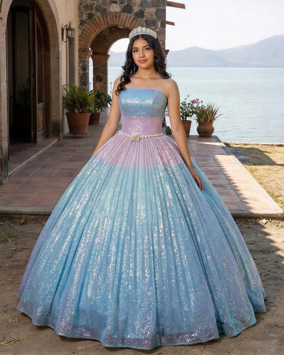 Simple Sequined Shimmer Party Dress with Train