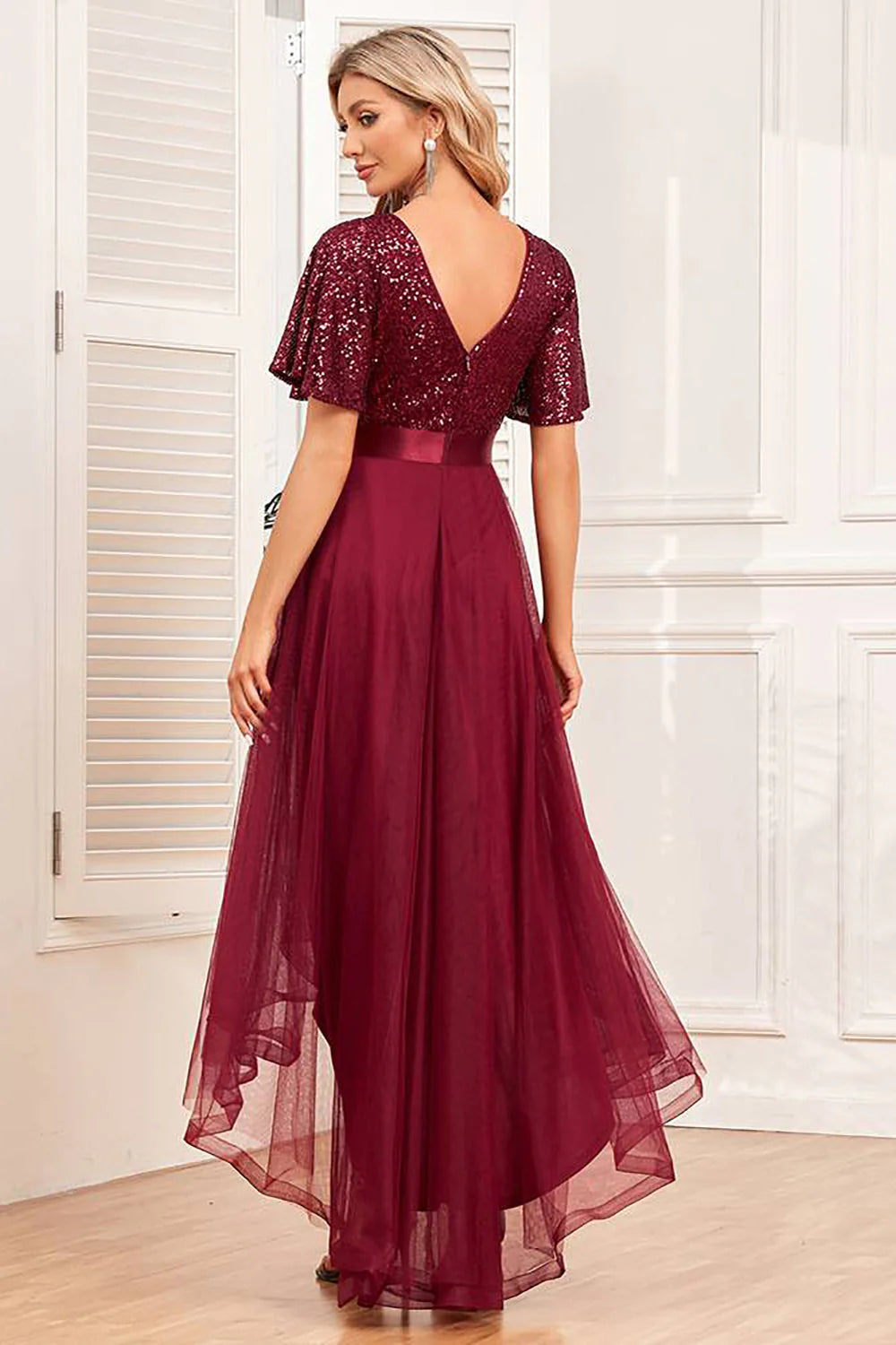 Burgundy A Line High Low Formal Dress with Sequins