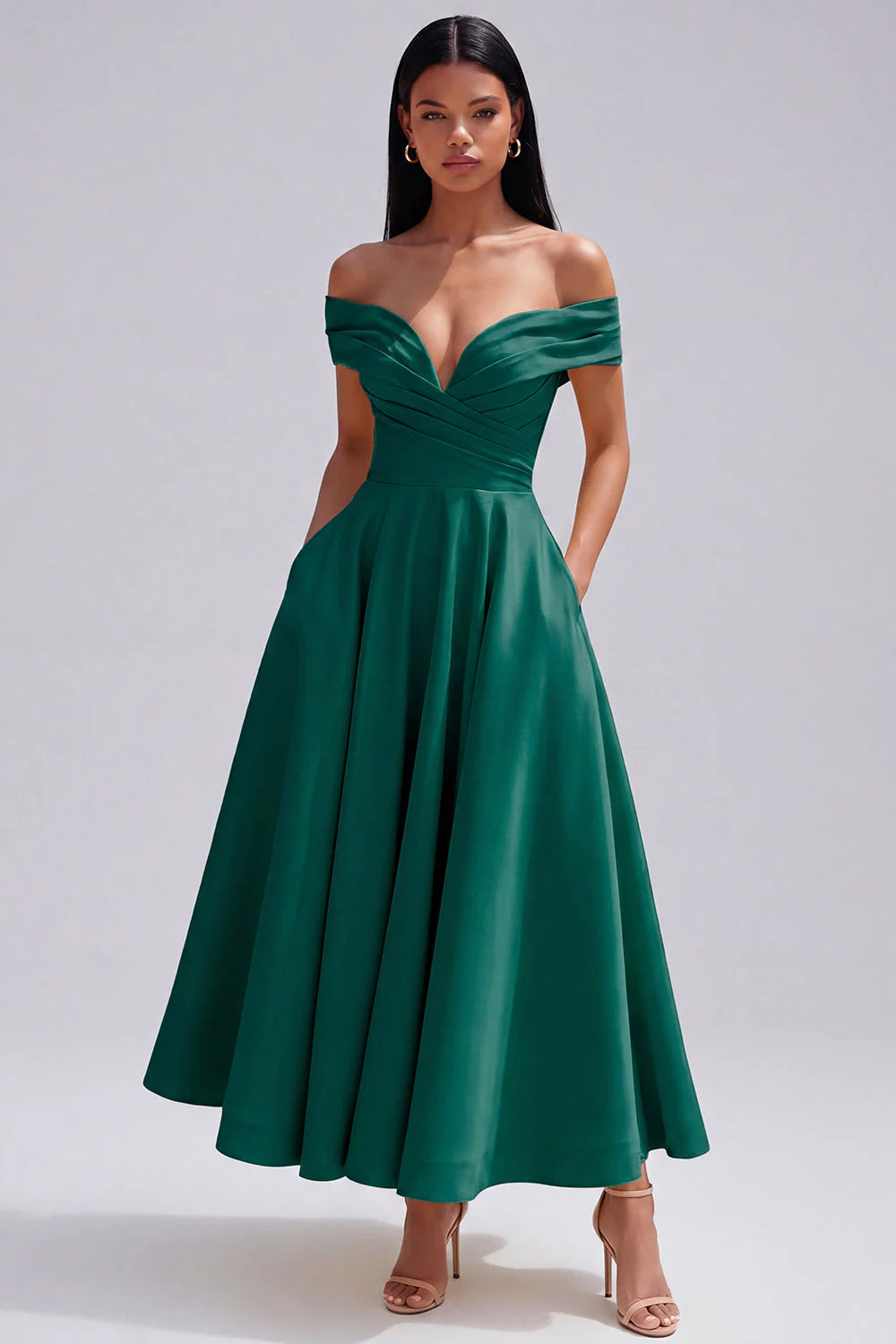 Off The Shoulder Yellow Ruched A Line Midi Wedding Guest Dress