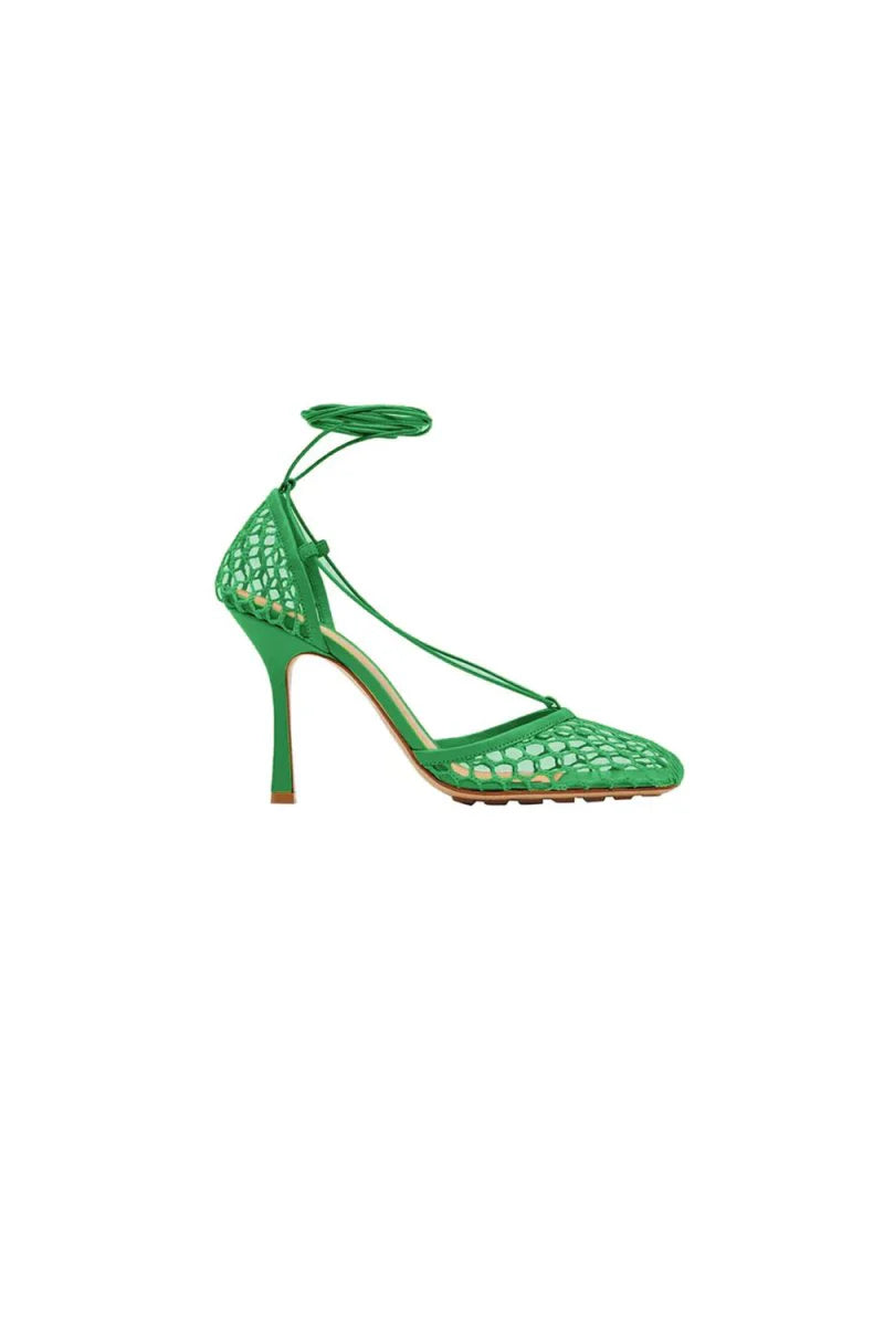 Yellow Stiletto Heel Lace Up Fishnet High Heel Sandals