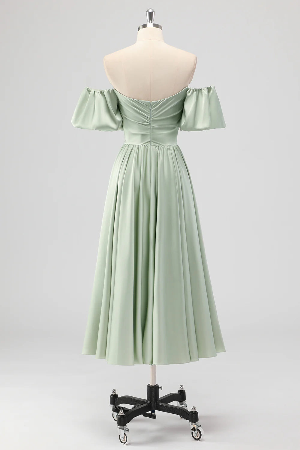 Sage Green A Line Off The Shoulder Ruched Satin Midi Dress
