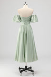 Sage Green A Line Off The Shoulder Ruched Satin Midi Dress