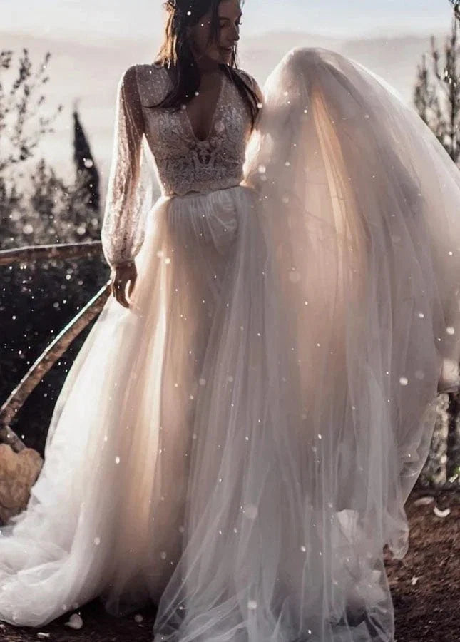 Two Piece Boho Dreamy A Line Tulle V Neck Wedding Dresses Full Sleeve