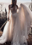 Two Piece Boho Dreamy A Line Tulle V Neck Wedding Dresses Full Sleeve