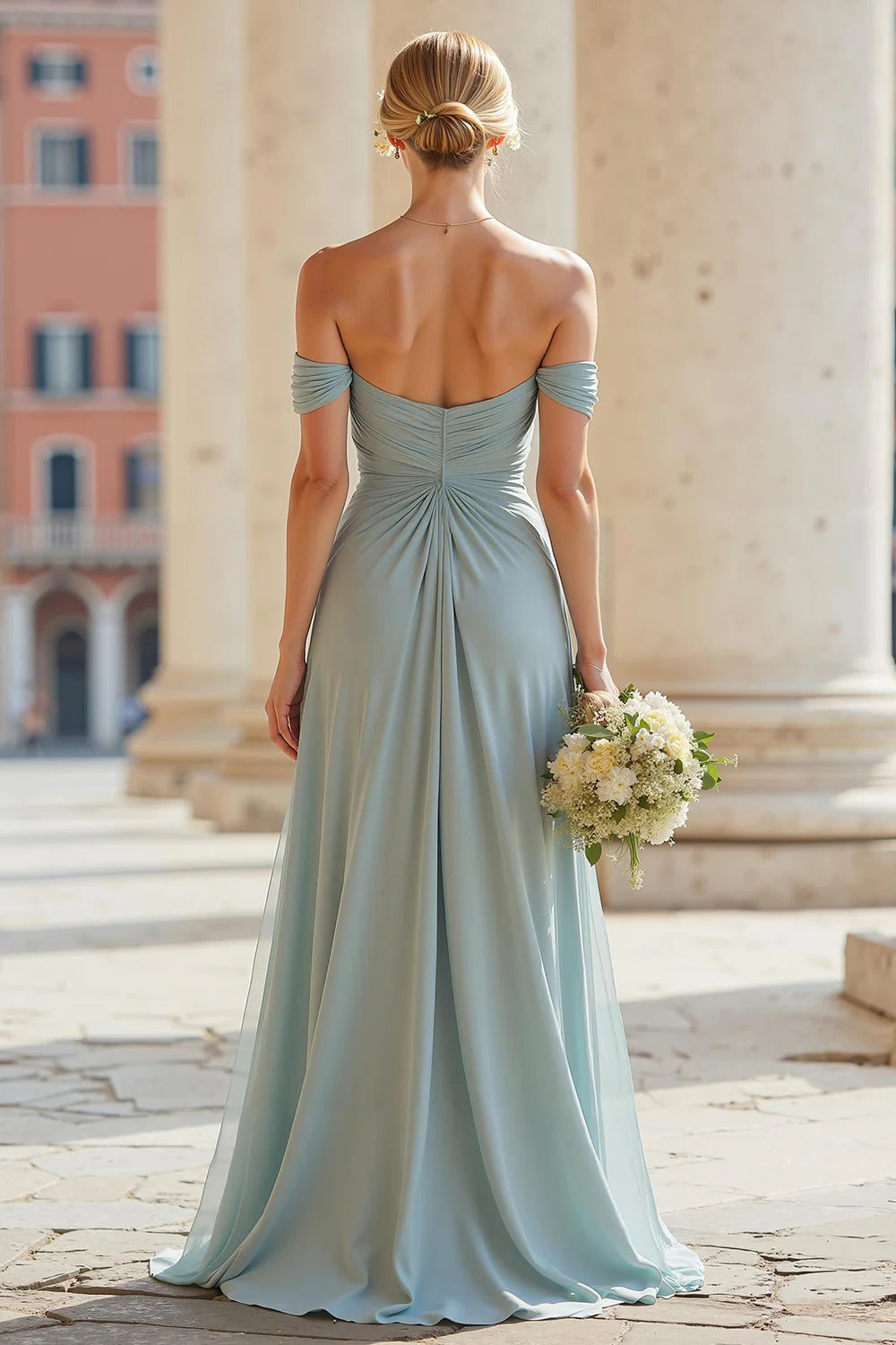 Off The Shoulder Grey Blue A Line Pleated Long Bridesmaid Dress with Slit
