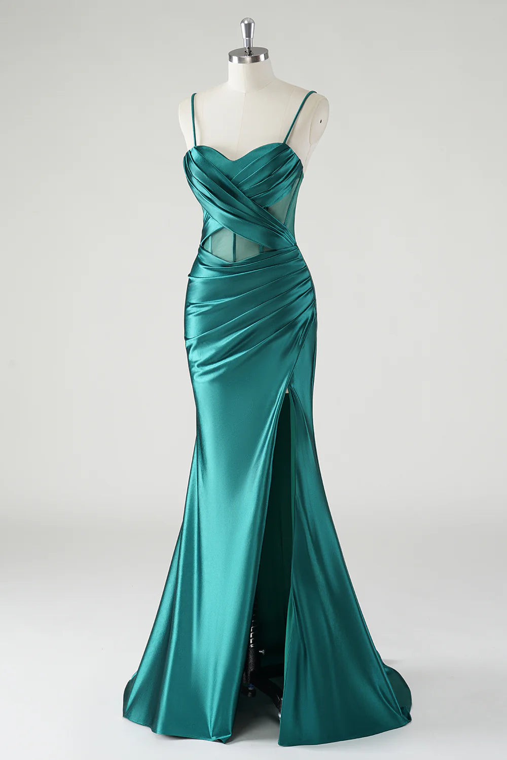 Dark Green Mermaid Spaghetti Straps Corset Long Prom Dress with Slit
