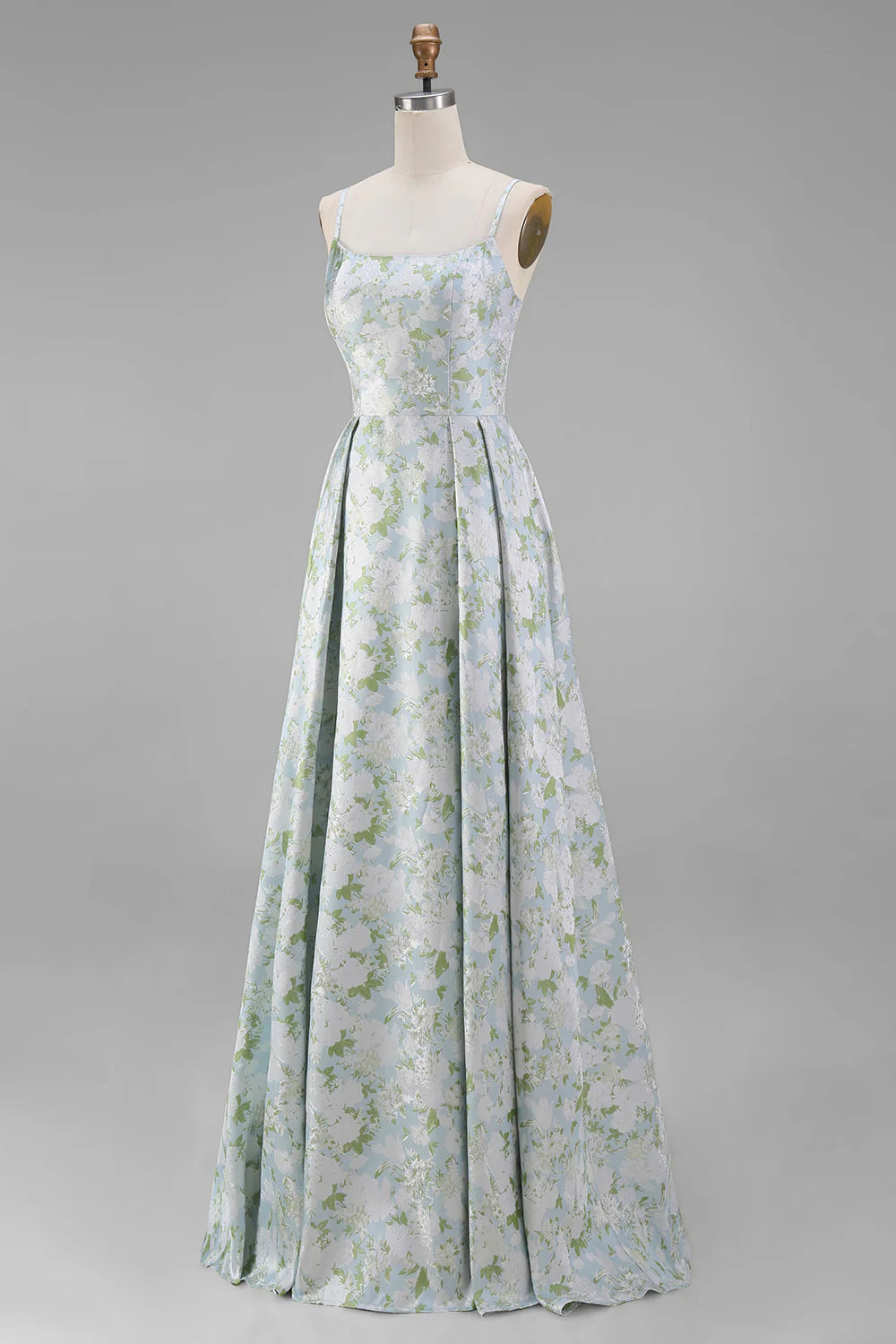 Floral Printed Blue White A Line Long Bridesmaid Dress