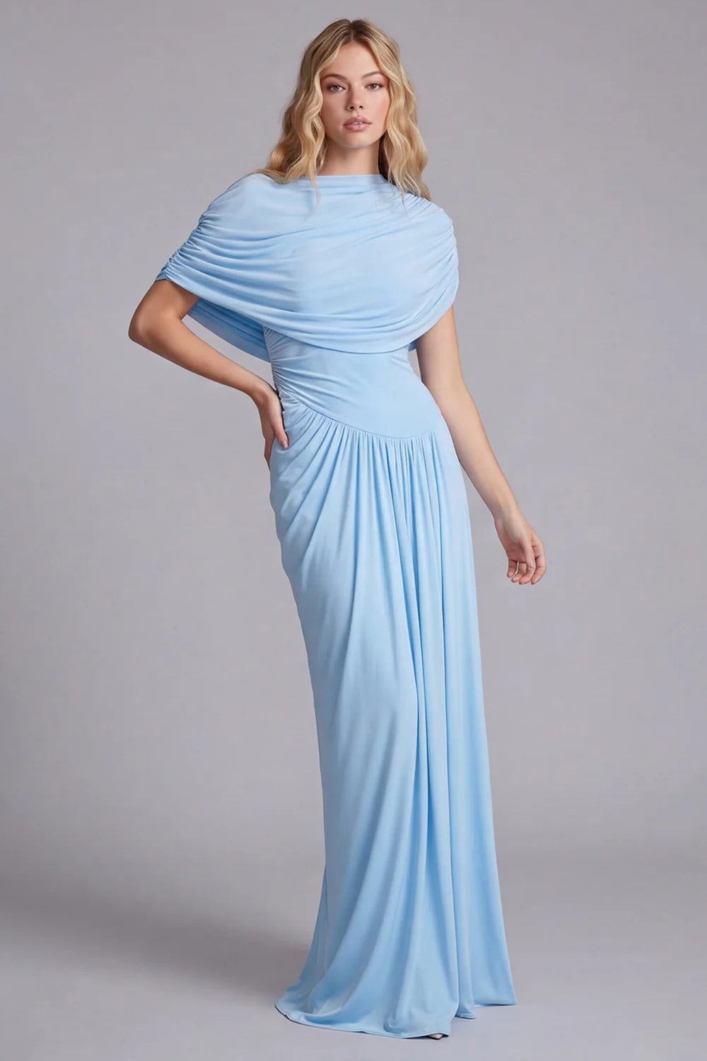 Sky Blue Mermaid Ruched Maxi Dress with Cape Sleeves