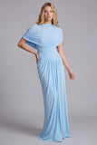 Sky Blue Mermaid Ruched Maxi Dress with Cape Sleeves