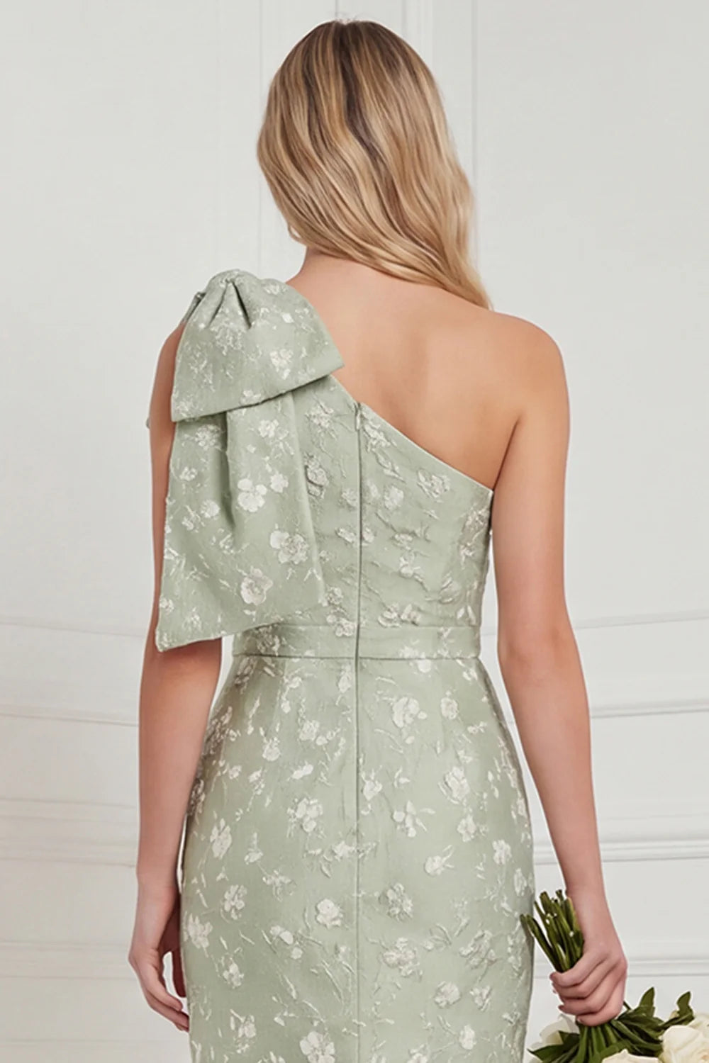 One Shoulder Sage Floral Jacquard Mermaid Bridesamid Dress with Slit