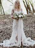 Tulle A Line Lace Appliques 3 4 Sleeve V Neck Romantic Bridal Wedding Gowns