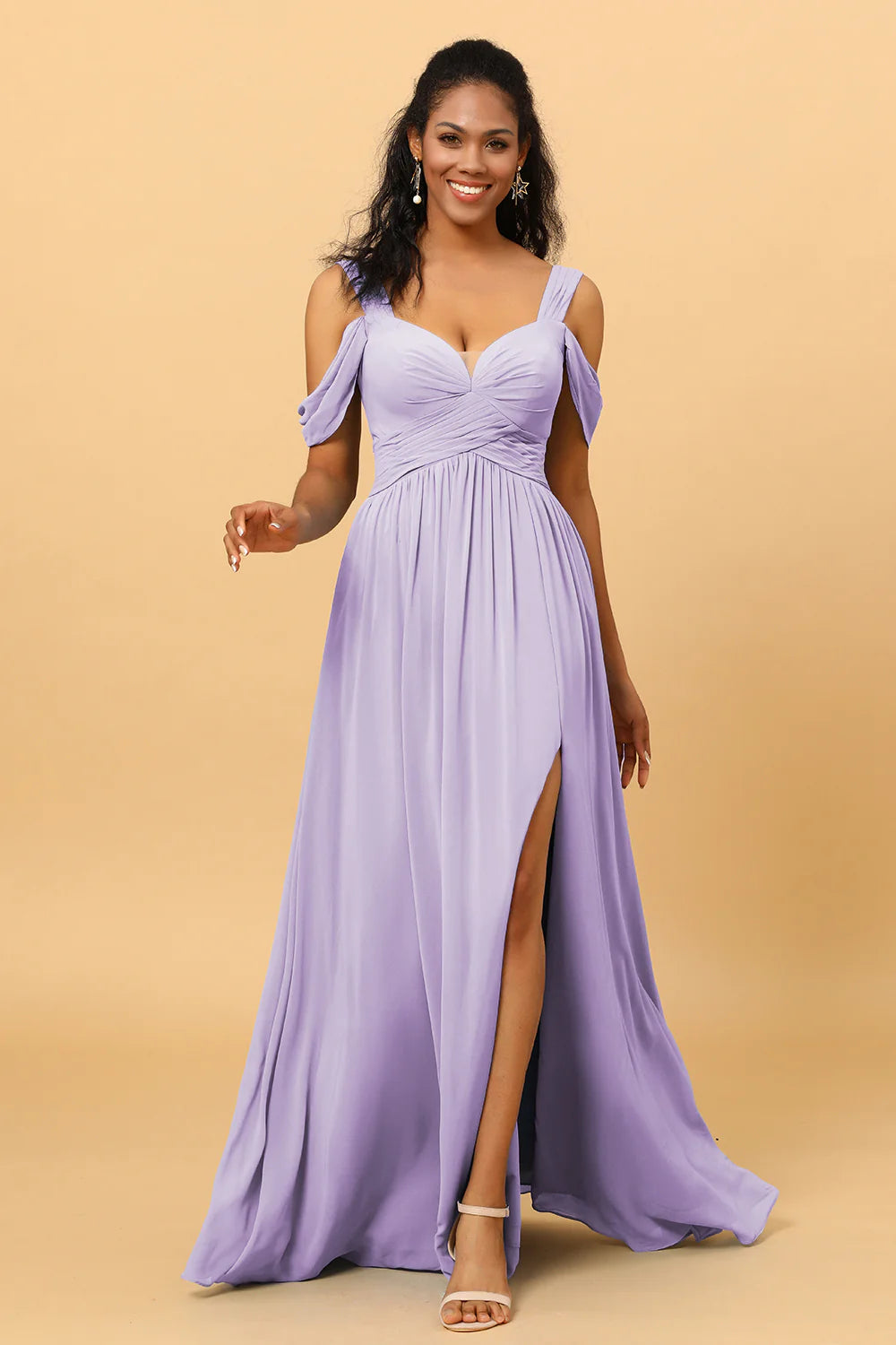 A Line V Neck Cold Shoulder Chiffon Bridesmaid Dress with Slit