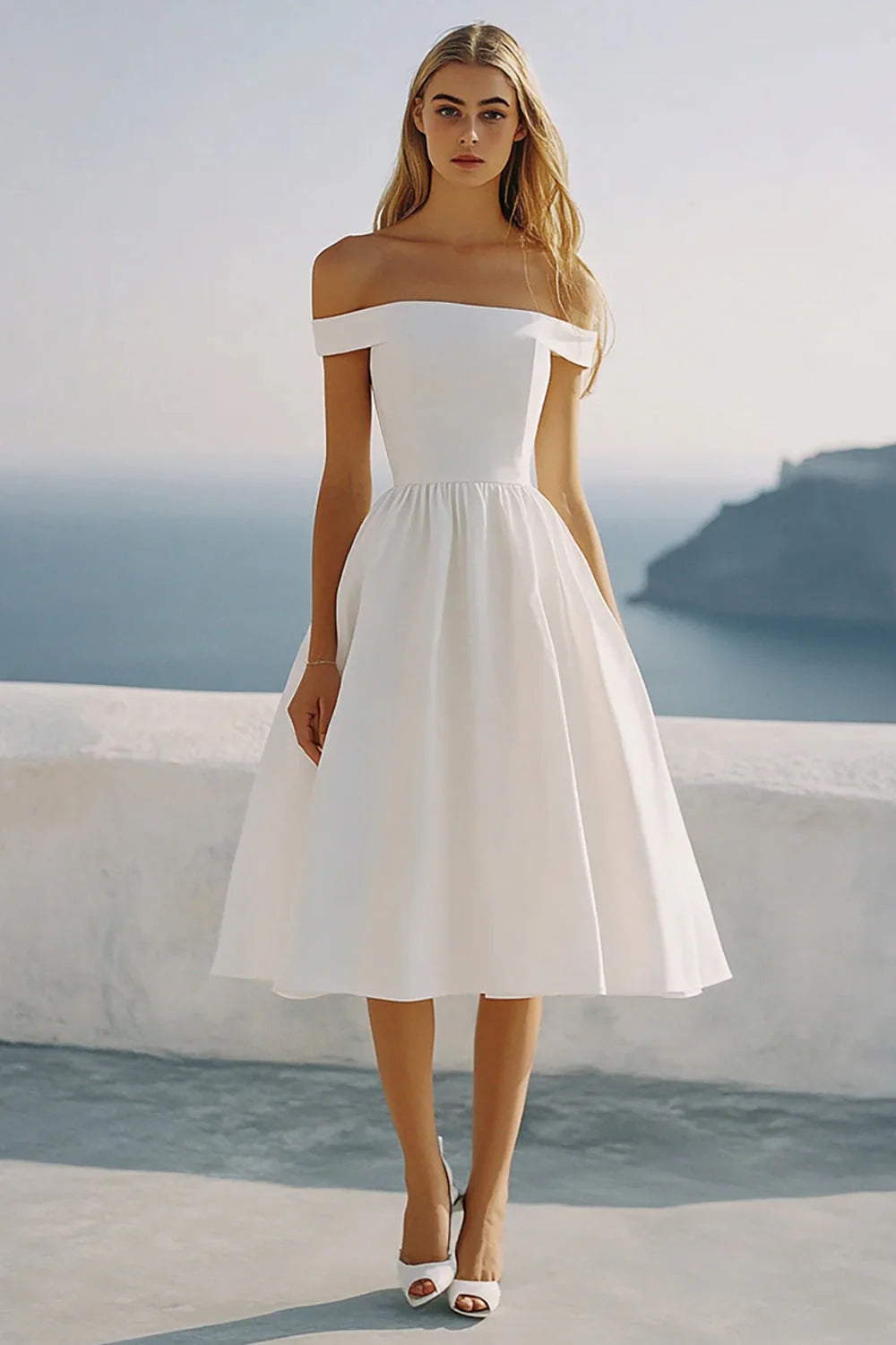 White A Line Off The Shoulder Simple Graduation Dress